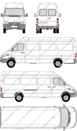 Mercedes-Benz Sprinter 4,6 t, 4,6 t, furgón, tejado alto, paso de rueda largo, ventana de parte trasera, 1 Sliding Door (2002)