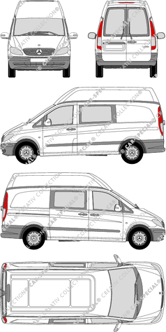 Mercedes-Benz Vito Mixto, Mixto, Mixto, tejado alto, ventana de parte trasera, cabina doble, Rear Wing Doors, 1 Sliding Door (2003)