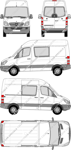 Mercedes-Benz Sprinter, furgone, tetto alto, compact, vitre arrière, Doppelkabine, Rear Wing Doors, 1 Sliding Door (2009)