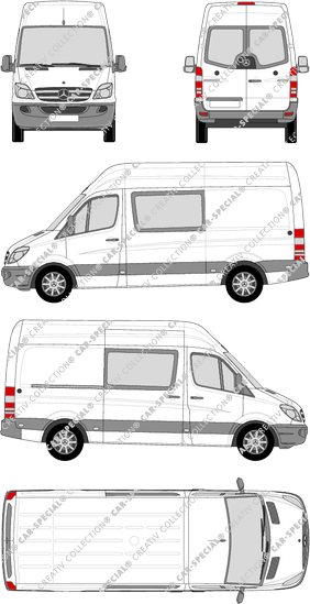 Mercedes-Benz Sprinter, furgone, tetto alto, Standard, vitre arrière, Doppelkabine, Rear Wing Doors, 1 Sliding Door (2009)