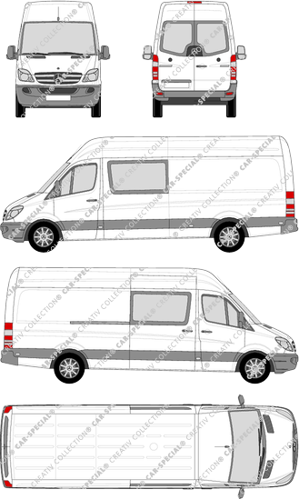 Mercedes-Benz Sprinter, furgón, tejado alto, largo, ventana de parte trasera, cabina doble, Rear Wing Doors, 1 Sliding Door (2009)