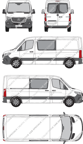 Mercedes-Benz Sprinter, A2, RWD, furgone, Normaldach, Standard, vitre arrière, Doppelkabine, Rear Wing Doors, 1 Sliding Door (2018)