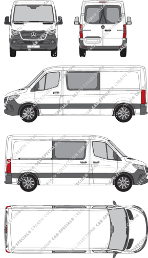 Mercedes-Benz Sprinter, A2, RWD, van/transporter, normal roof, Standard, rear window, double cab, Rear Wing Doors, 1 Sliding Door (2018)