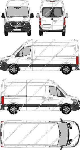 Mercedes-Benz Sprinter, A2, FWD, van/transporter, high roof, Standard, rear window, Rear Wing Doors, 1 Sliding Door (2018)