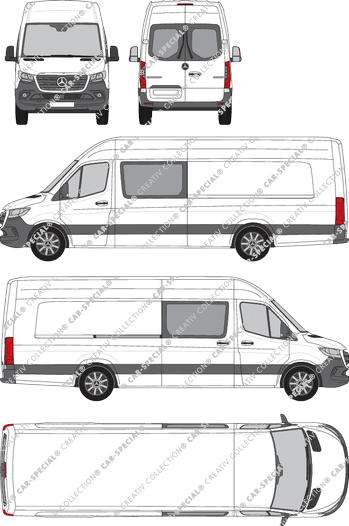 Mercedes-Benz Sprinter, RWD, furgone, tetto alto, extra long, vitre arrière, Doppelkabine, Rear Wing Doors, 1 Sliding Door (2018)