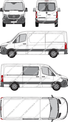 Mercedes-Benz Sprinter, A2, RWD, furgón, tejado normal, Standard, Heck verglast, rechts teilverglast, Rear Wing Doors, 1 Sliding Door (2018)