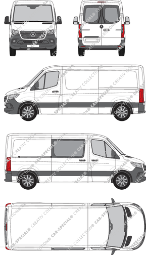 Mercedes-Benz Sprinter, A2, RWD, van/transporter, normal roof, Standard, Heck verglast, rechts teilverglast, Rear Wing Doors, 1 Sliding Door (2018)
