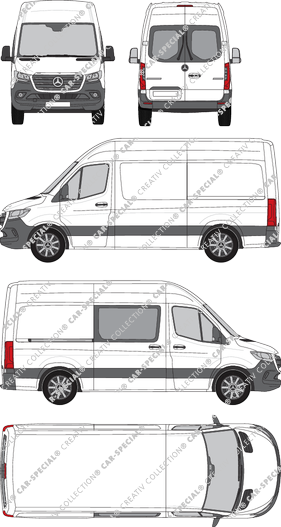 Mercedes-Benz Sprinter, A2, RWD, furgón, tejado alto, Standard, Heck verglast, rechts teilverglast, Rear Wing Doors, 1 Sliding Door (2018)