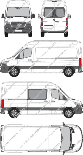 Mercedes-Benz Sprinter, A2, FWD, furgón, tejado alto, Standard, Heck verglast, rechts teilverglast, Rear Wing Doors, 1 Sliding Door (2018)