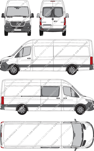 Mercedes-Benz Sprinter, RWD, furgone, tetto alto, longue, Heck verglast, rechts teilverglast, Rear Wing Doors, 1 Sliding Door (2018)