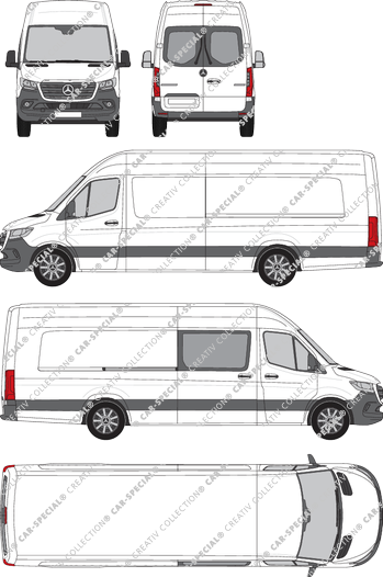 Mercedes-Benz Sprinter, RWD, fourgon, toit haut, Extralang, Heck verglast, rechts teilverglast, Rear Wing Doors, 1 Sliding Door (2018)