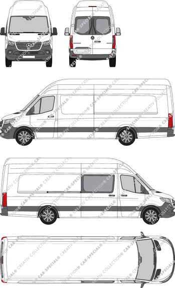 Mercedes-Benz Sprinter, RWD, fourgon, toit super haut, Extralang, Heck verglast, rechts teilverglast, Rear Wing Doors, 1 Sliding Door (2018)