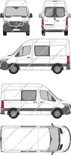 Mercedes-Benz Sprinter, A1, FWD, van/transporter, high roof, compact, rear window, double cab, Rear Wing Doors, 1 Sliding Door (2018)