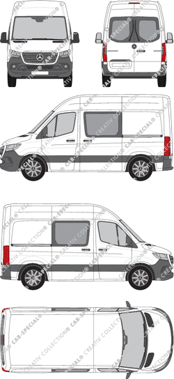 Mercedes-Benz Sprinter, A1, FWD, Kastenwagen, Hochdach, Kompakt, Heck verglast, Doppelkabine, Rear Wing Doors, 2 Sliding Doors (2018)