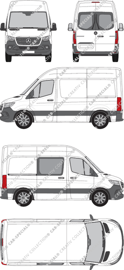 Mercedes-Benz Sprinter, A1, FWD, furgone, tetto alto, compact, Heck verglast, rechts teilverglast, Rear Wing Doors, 1 Sliding Door (2018)