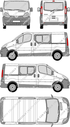 Nissan Primastar, furgón, L1H1, ventana de parte trasera, cabina doble, Rear Flap, 2 Sliding Doors (2002)