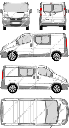 Nissan Primastar, furgón, L1H1, ventana de parte trasera, cabina doble, Rear Wing Doors, 1 Sliding Door (2008)