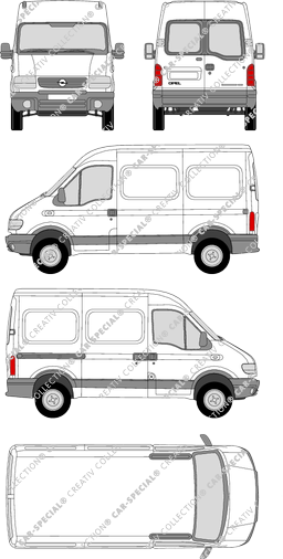 Opel Movano, van/transporter, H2/L1, rear window, Rear Wing Doors, 1 Sliding Door (1999)
