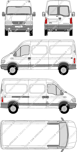 Opel Movano, van/transporter, H2/L2, rear window, Rear Wing Doors, 1 Sliding Door (1999)