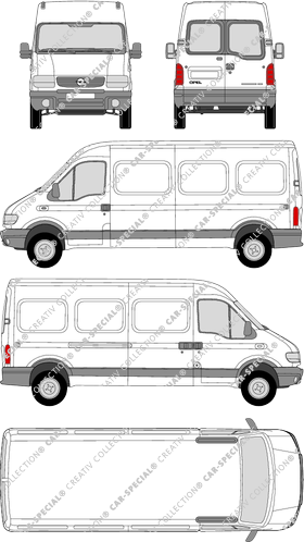 Opel Movano, furgón, H2/L3, ventana de parte trasera, Rear Wing Doors, 1 Sliding Door (1999)