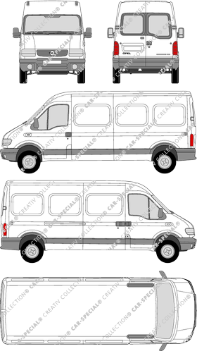 Opel Movano, Kastenwagen, H2/L3, Heck verglast, Rear Wing Doors, 1 Sliding Door (1999)