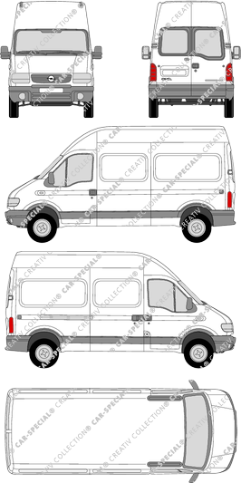 Opel Movano, furgón, H3/L2, ventana de parte trasera, Rear Wing Doors, 1 Sliding Door (1999)