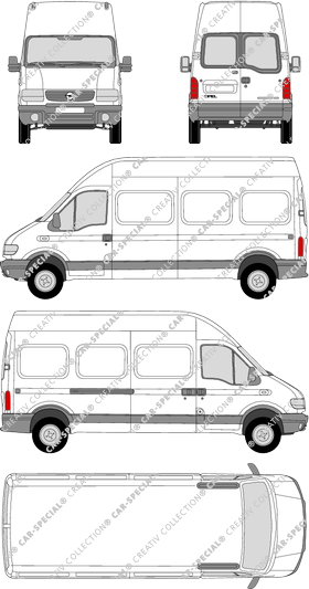 Opel Movano, van/transporter, H3/L3, rear window, Rear Wing Doors, 1 Sliding Door (1999)