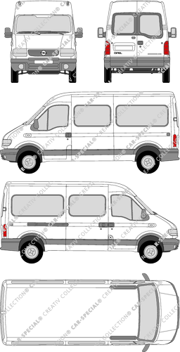 Opel Movano Combi, microbús, H2/L2, Rear Wing Doors, 1 Sliding Door (1999)