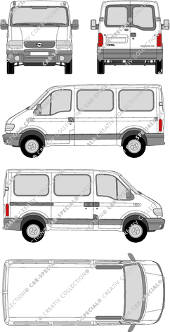 Opel Movano Combi, minibus, H1/L1, Rear Wing Doors, 1 Sliding Door (1999)