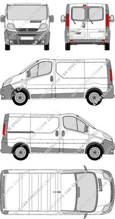 Opel Vivaro, furgón, L1H1, ventana de parte trasera, Rear Wing Doors, 1 Sliding Door (2001)