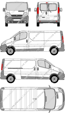 Opel Vivaro, van/transporter, L2H1, rear window, Rear Wing Doors, 1 Sliding Door (2001)