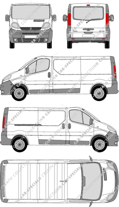 Opel Vivaro, furgón, L2H1, ventana de parte trasera, Rear Flap, 1 Sliding Door (2001)