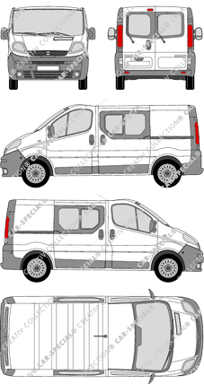 Opel Vivaro, furgón, L1H1, ventana de parte trasera, cabina doble, Rear Wing Doors, 2 Sliding Doors (2001)