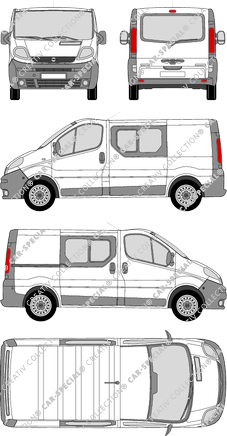 Opel Vivaro, furgone, L1H1, vitre arrière, Doppelkabine, Rear Flap, 1 Sliding Door (2001)
