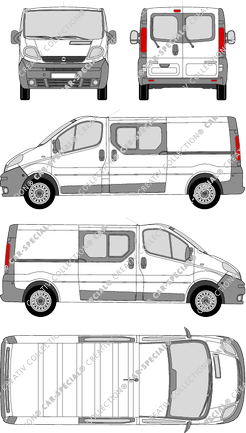 Opel Vivaro, furgón, L2H1, ventana de parte trasera, cabina doble, Rear Wing Doors, 1 Sliding Door (2001)
