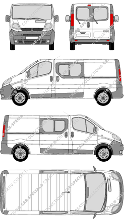 Opel Vivaro, furgón, L2H1, ventana de parte trasera, cabina doble, Rear Wing Doors, 2 Sliding Doors (2001)