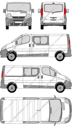 Opel Vivaro, furgón, L2H1, ventana de parte trasera, cabina doble, Rear Flap, 1 Sliding Door (2001)