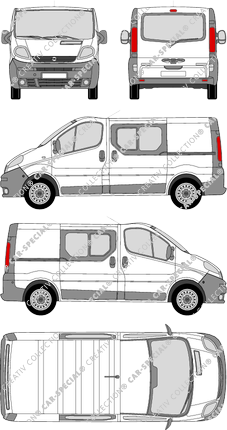 Opel Vivaro, Heck verglast, van/transporter, L1H1, rear window, double cab, Rear Flap, 2 Sliding Doors (2001)