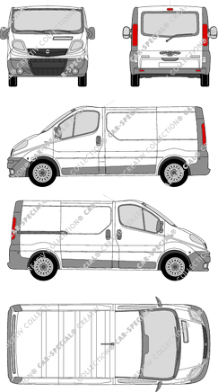 Opel Vivaro, furgón, L1H1, ventana de parte trasera, Rear Flap, 1 Sliding Door (2006)