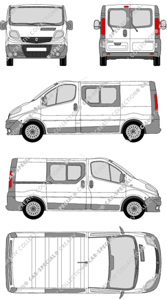 Opel Vivaro, furgón, L1H1, ventana de parte trasera, cabina doble, Rear Wing Doors, 1 Sliding Door (2006)