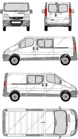 Opel Vivaro, furgón, L2H1, ventana de parte trasera, cabina doble, Rear Wing Doors, 2 Sliding Doors (2006)