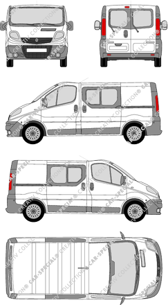 Opel Vivaro, furgón, L1H1, ventana de parte trasera, cabina doble, Rear Wing Doors, 2 Sliding Doors (2006)