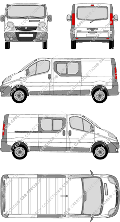 Opel Vivaro, furgón, L2H1, ventana de parte trasera, cabina doble, Rear Flap, 1 Sliding Door (2006)