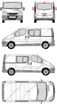 Opel Vivaro, furgón, L1H1, ventana de parte trasera, cabina doble, Rear Flap, 2 Sliding Doors (2006)