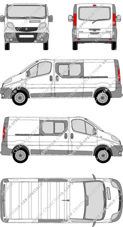 Opel Vivaro, furgón, L2H1, ventana de parte trasera, cabina doble, Rear Flap, 2 Sliding Doors (2006)