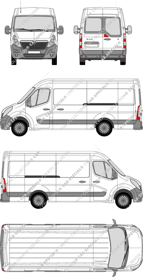 Opel Movano, RWD, furgón, L3H2, ventana de parte trasera, Rear Wing Doors, 2 Sliding Doors (2010)