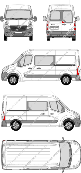Opel Movano, FWD, furgón, L2H2, ventana de parte trasera, cabina doble, Rear Wing Doors, 2 Sliding Doors (2010)