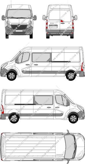 Opel Movano, FWD, furgón, L3H2, cabina doble, Rear Wing Doors, 2 Sliding Doors (2010)