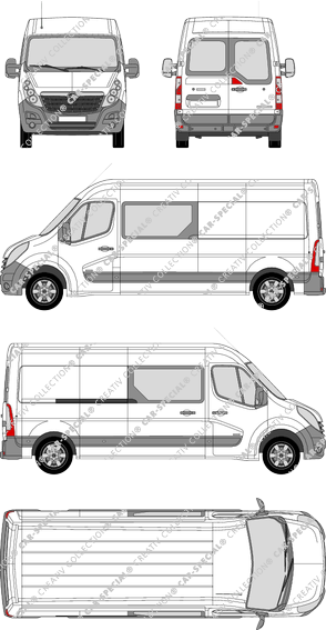 Opel Movano, FWD, furgón, L3H2, ventana de parte trasera, cabina doble, Rear Wing Doors, 1 Sliding Door (2010)