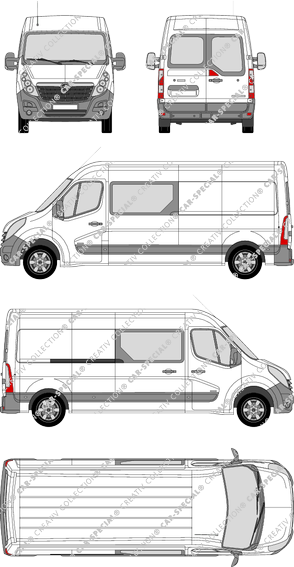 Opel Movano, FWD, fourgon, L3H2, Heck verglast, double cabine, Rear Wing Doors, 1 Sliding Door (2010)